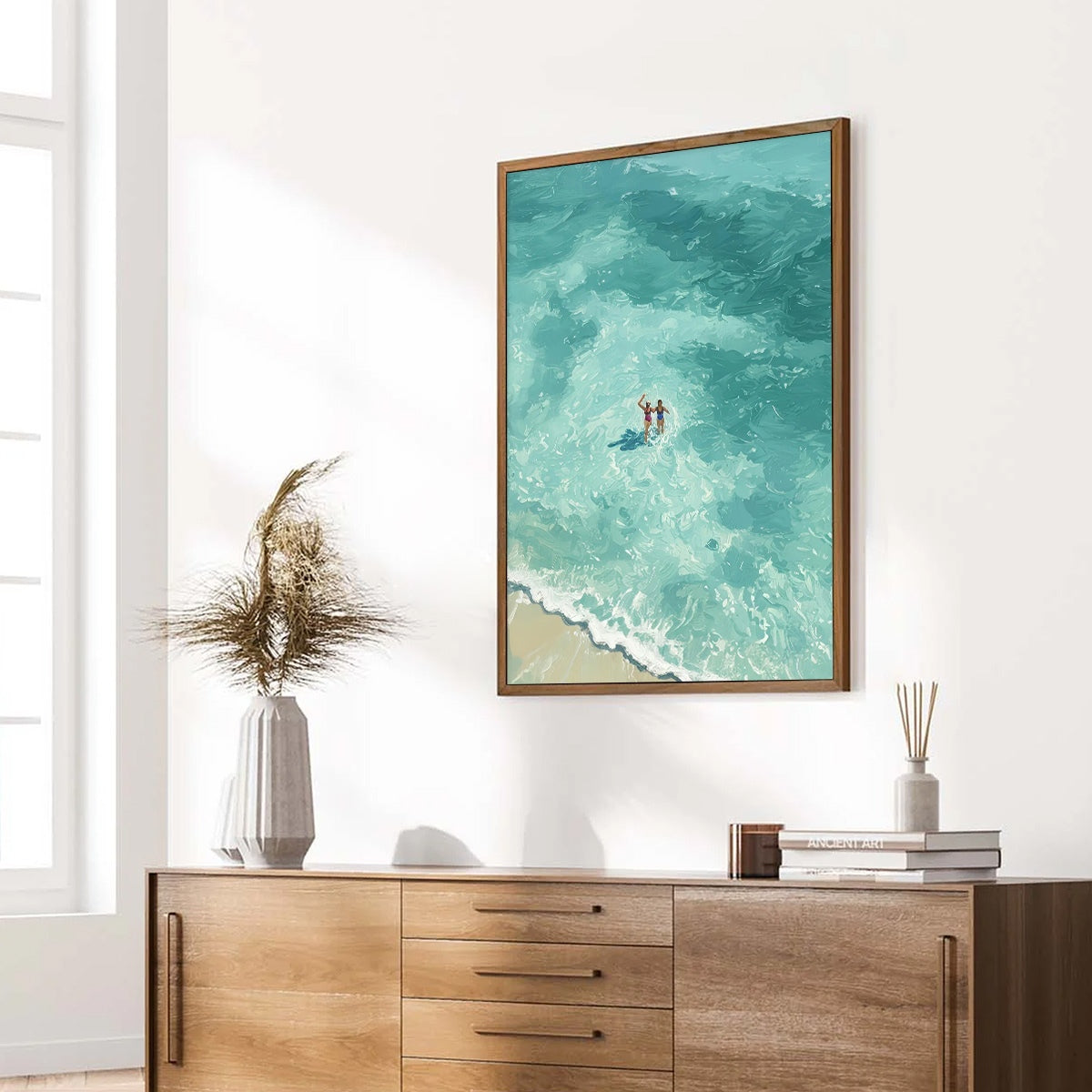 Ocean Embrace hand-painted turquoise and ivory textured beach scene painting rolled canvas option