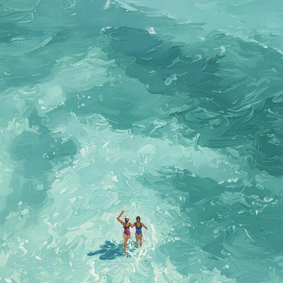 Ocean Embrace hand-painted turquoise and ivory textured beach scene painting shown with gold frame