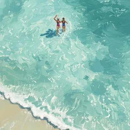 Ocean Embrace hand-painted turquoise and ivory textured beach scene painting shown with white frame