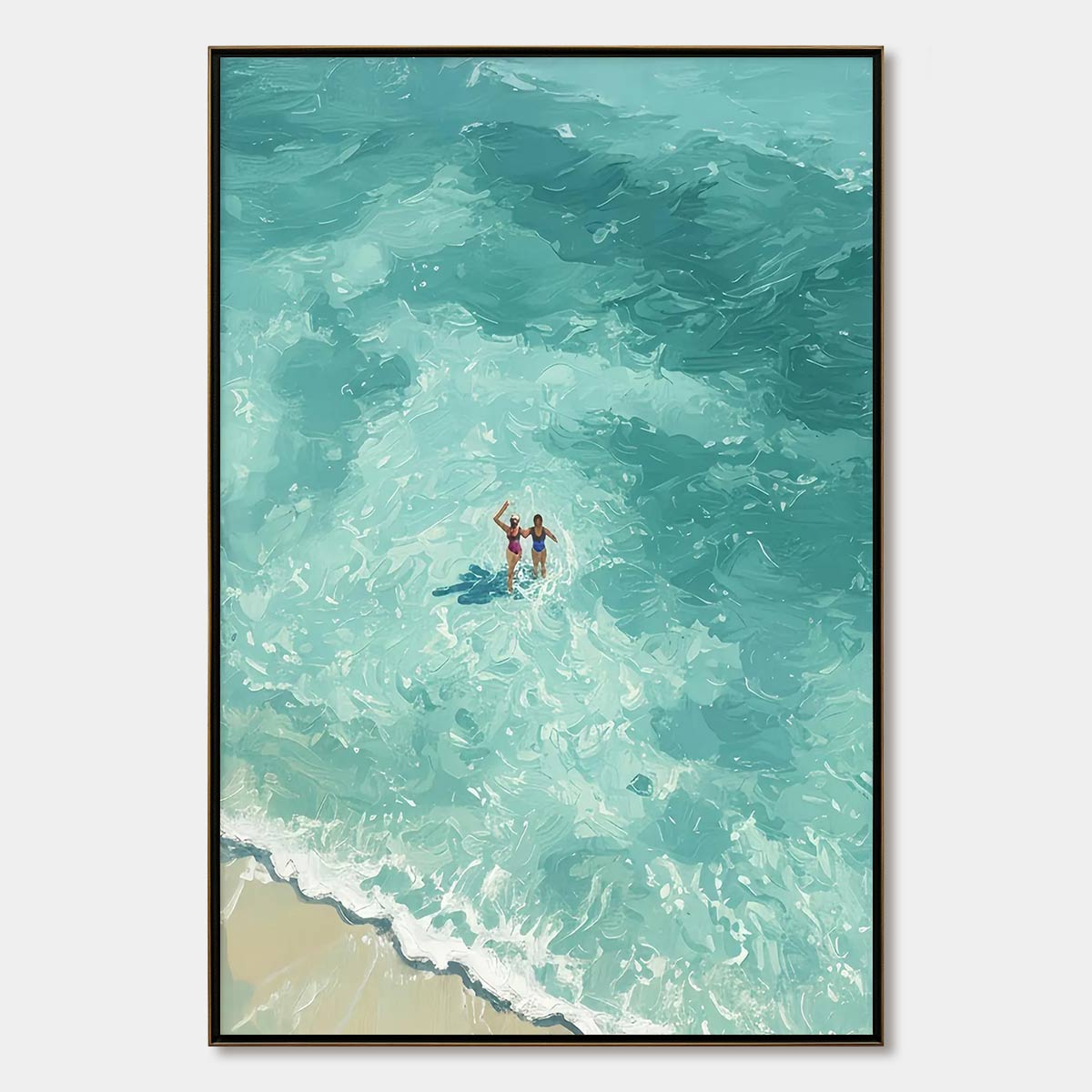 Ocean Embrace hand-painted turquoise and ivory textured beach scene painting rolled canvas option