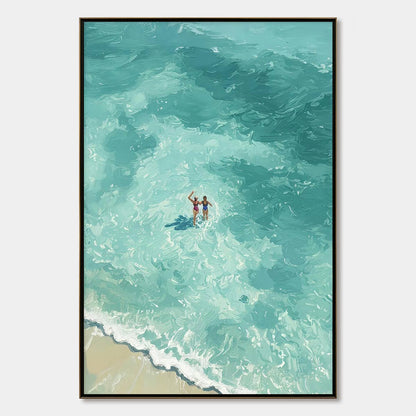 Ocean Embrace hand-painted turquoise and ivory textured beach scene painting rolled canvas option
