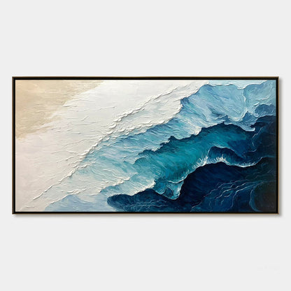 Ocean Whispers hand-painted white and ocean blue textured seascape painting shown with silver frame
