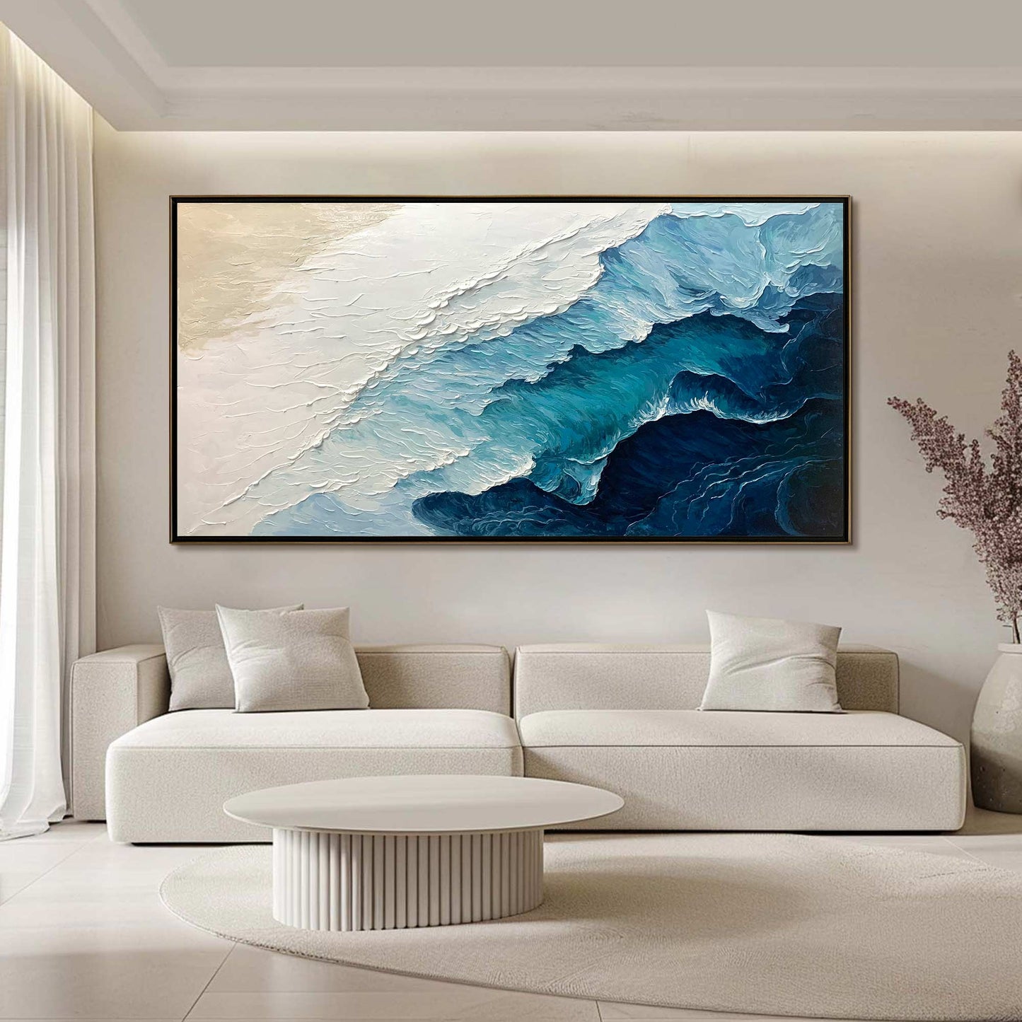 Ocean Whispers hand-painted white and ocean blue textured seascape painting rolled canvas option