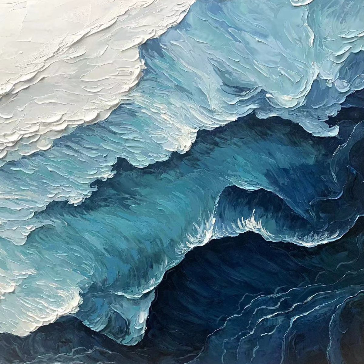 Ocean Whispers hand-painted white and ocean blue textured seascape painting shown with white frame