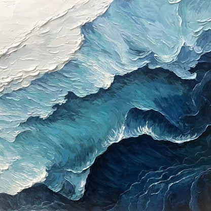 Ocean Whispers hand-painted white and ocean blue textured seascape painting shown with white frame