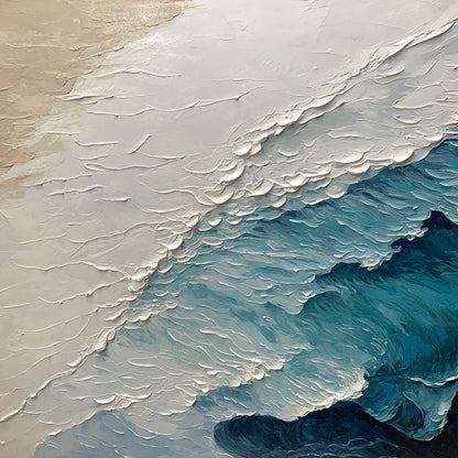 Ocean Whispers hand-painted white and ocean blue textured seascape painting shown as stretched canvas