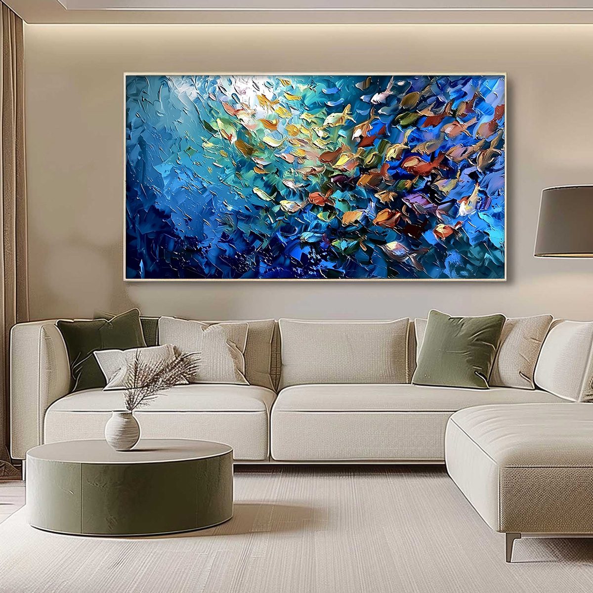 Oceanic Convergence hand-painted ocean blue, gold and orange textured school of fish painting shown with silver frame