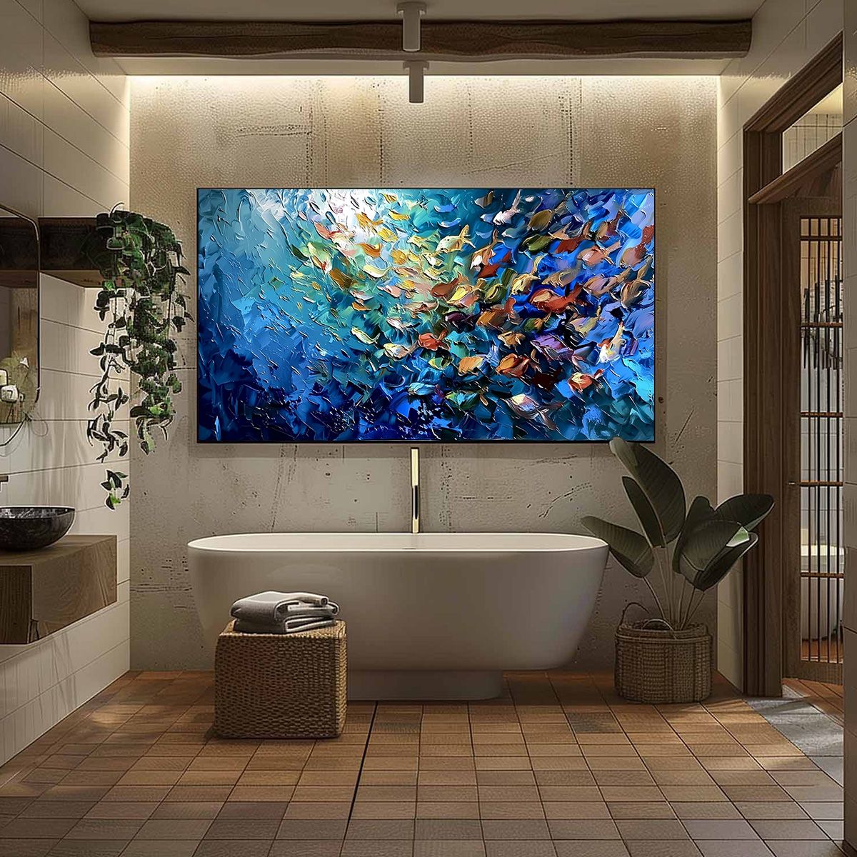 Oceanic Convergence hand-painted ocean blue, gold and orange textured school of fish painting shown with black frame