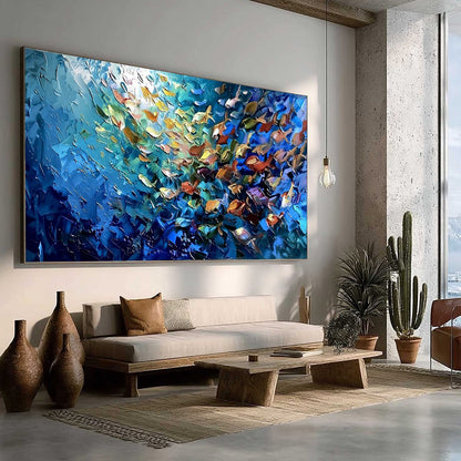 Oceanic Convergence hand-painted ocean blue, gold and orange textured school of fish painting rolled canvas option