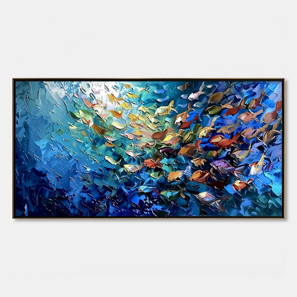 Oceanic Convergence hand-painted ocean blue, gold and orange textured school of fish painting rolled canvas option
