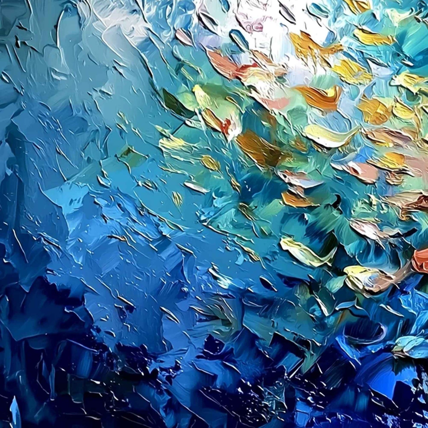 Oceanic Convergence hand-painted ocean blue, gold and orange textured school of fish painting shown with gold frame