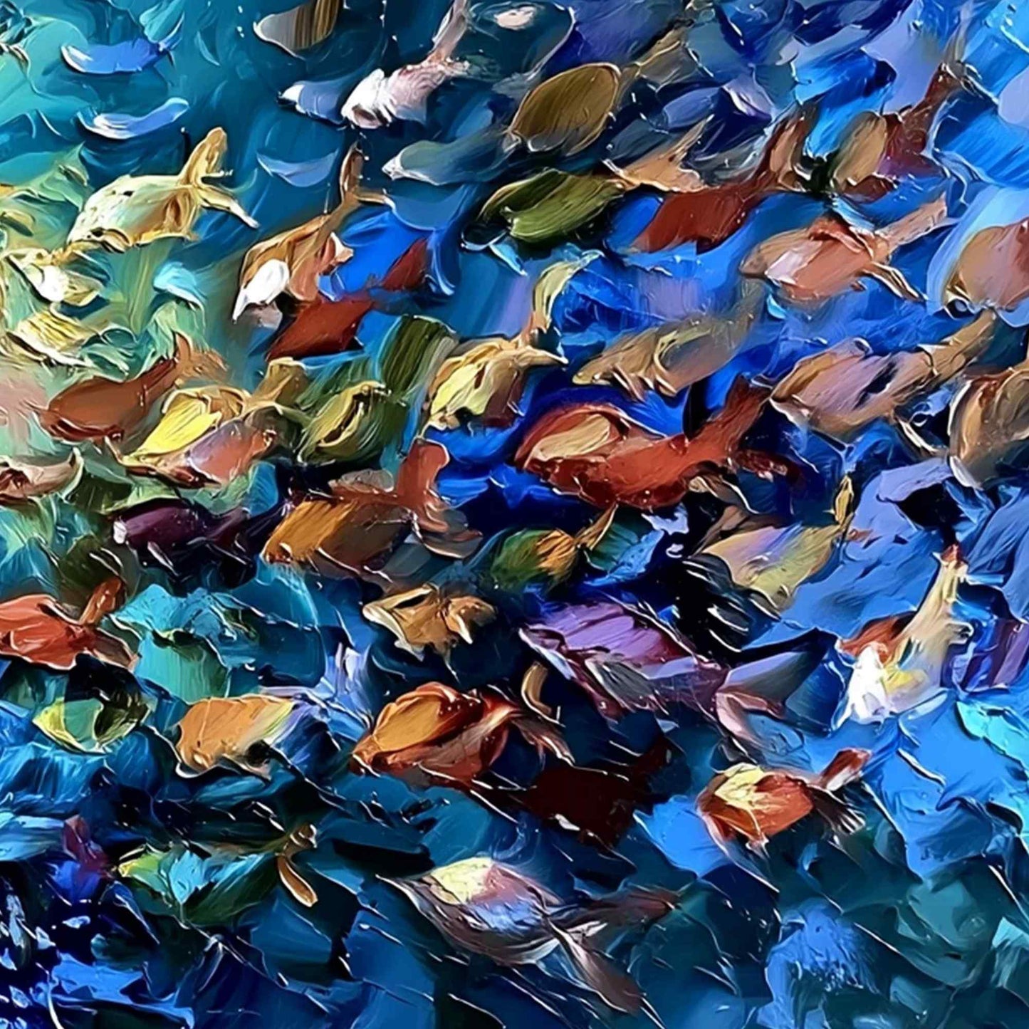 Oceanic Convergence hand-painted ocean blue, gold and orange textured school of fish painting shown with white frame