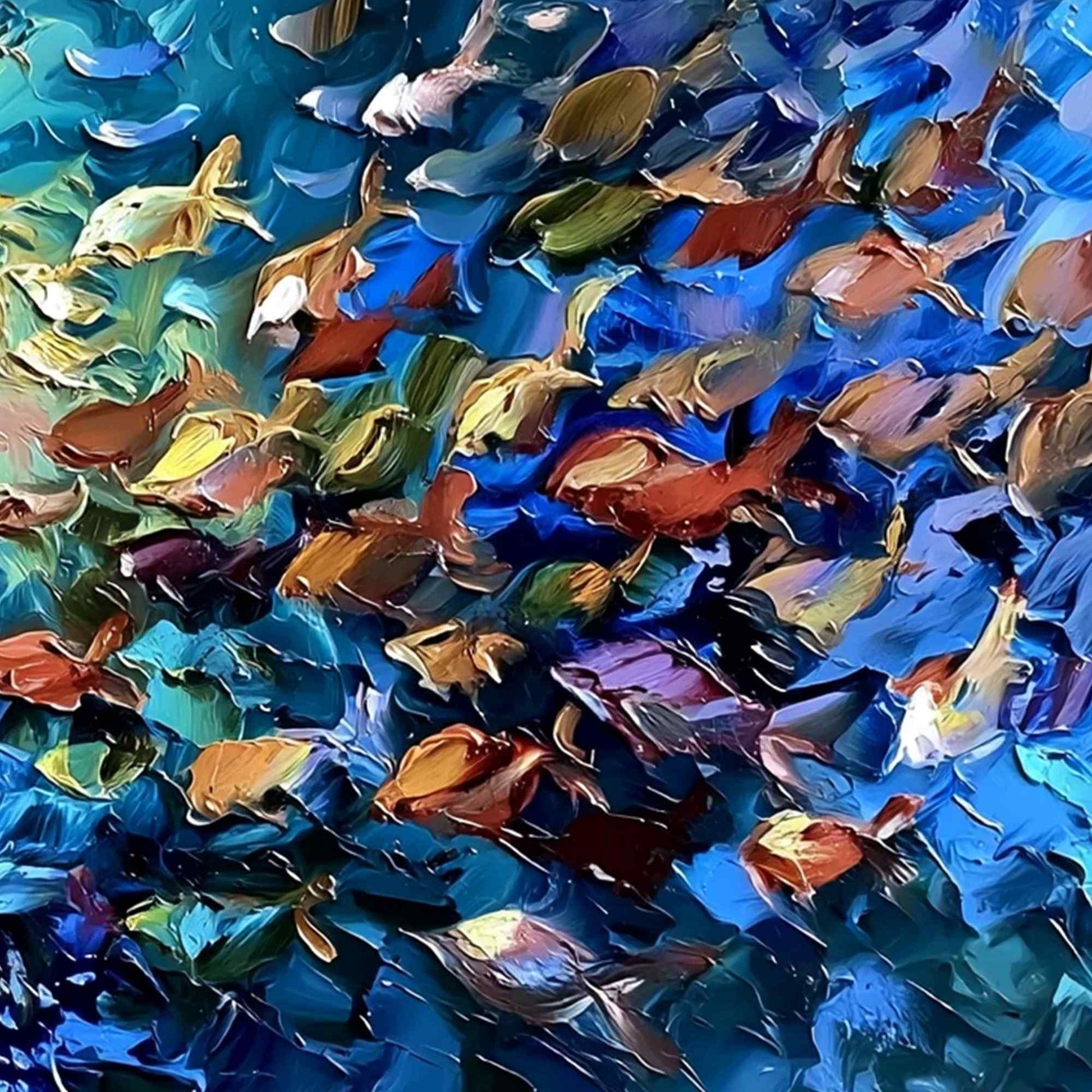 Oceanic Convergence hand-painted ocean blue, gold and orange textured school of fish painting shown with white frame