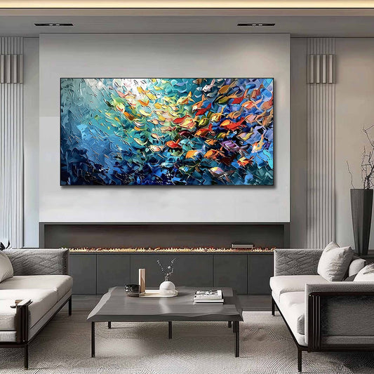 Oceanic Rush hand-painted ocean blue and ivory textured school of fish painting shown as stretched canvas