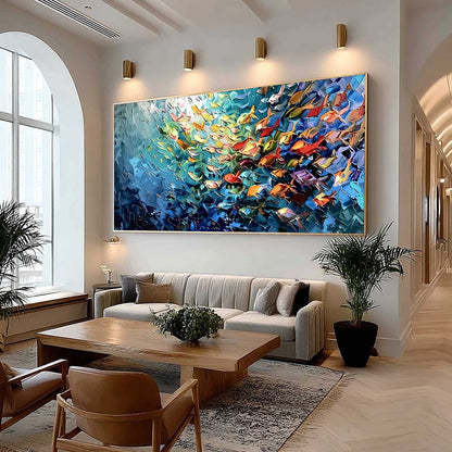 Oceanic Rush hand-painted ocean blue and ivory textured school of fish painting shown with wood frame