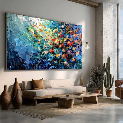Oceanic Rush hand-painted ocean blue and ivory textured school of fish painting rolled canvas option