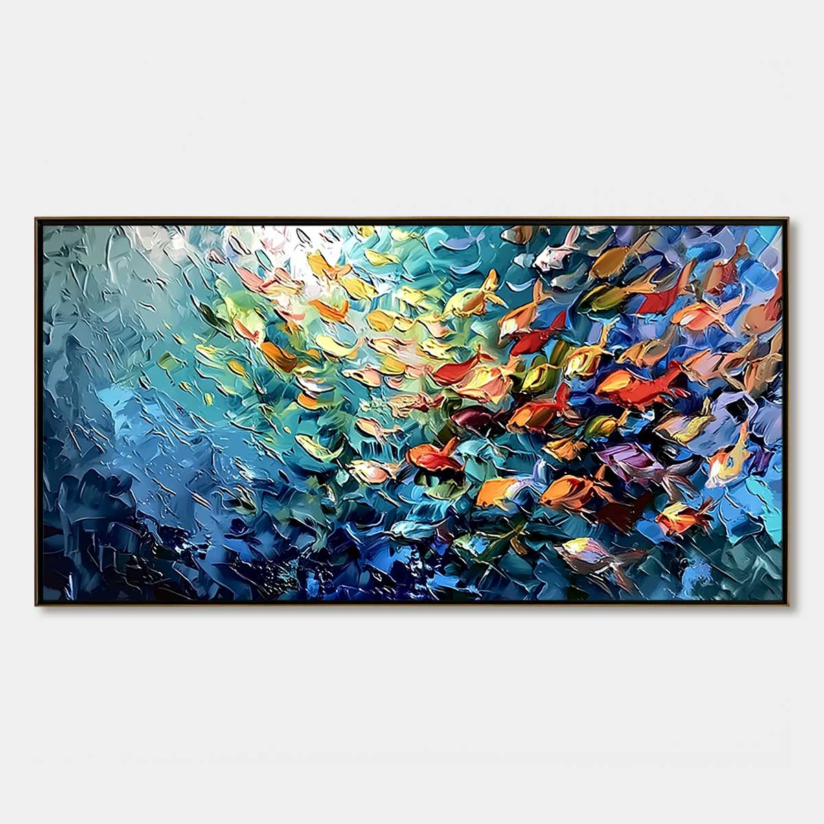 Oceanic Rush hand-painted ocean blue and ivory textured school of fish painting rolled canvas option