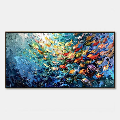 Oceanic Rush hand-painted ocean blue and ivory textured school of fish painting rolled canvas option
