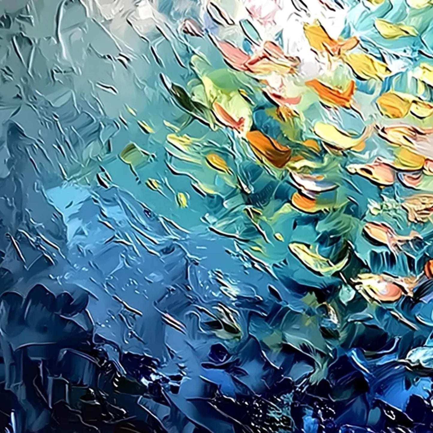 Oceanic Rush hand-painted ocean blue and ivory textured school of fish painting shown with gold frame