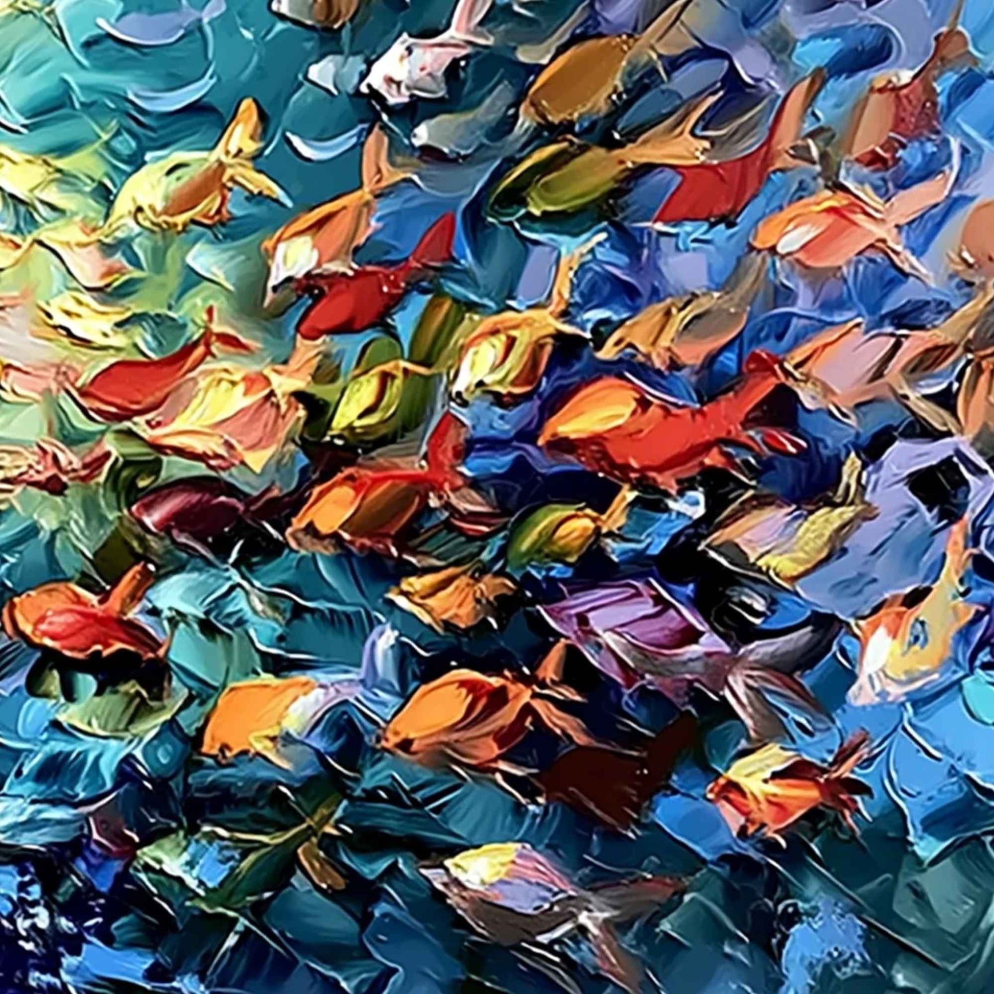 Oceanic Rush hand-painted ocean blue and ivory textured school of fish painting shown with white frame