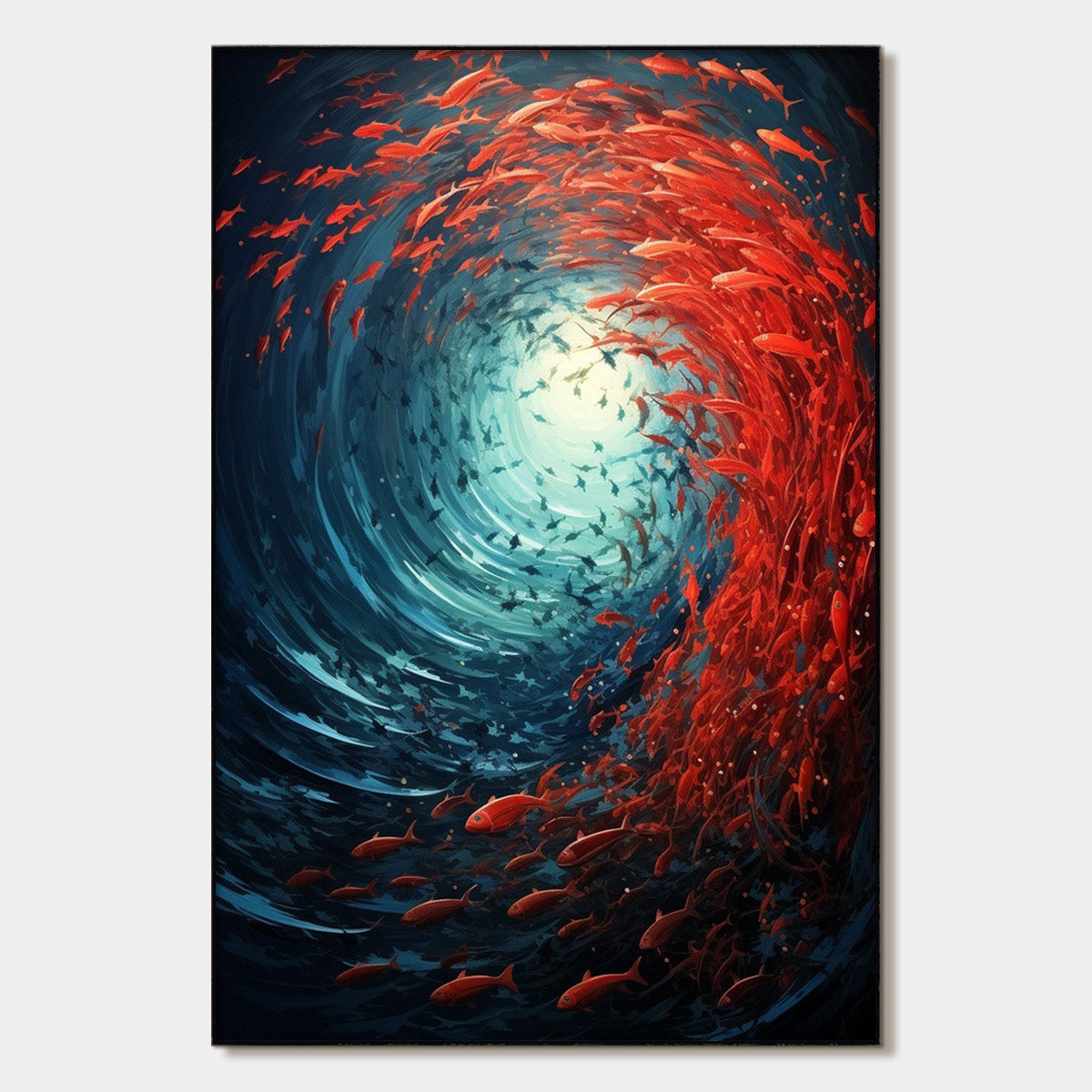 Oceanic Dance hand-painted ocean blue and red textured school of fish painting rolled canvas option