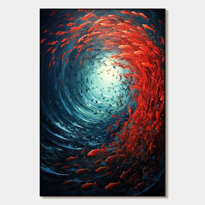 Oceanic Dance hand-painted ocean blue and red textured school of fish painting rolled canvas option