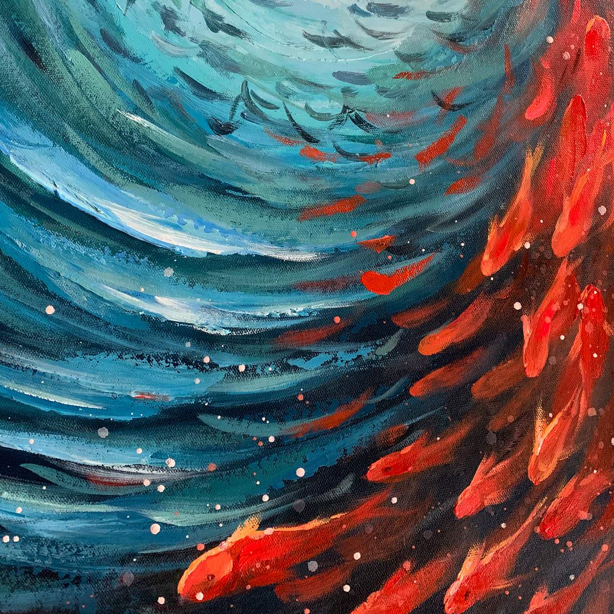 Oceanic Dance hand-painted ocean blue and red textured school of fish painting shown with silver frame