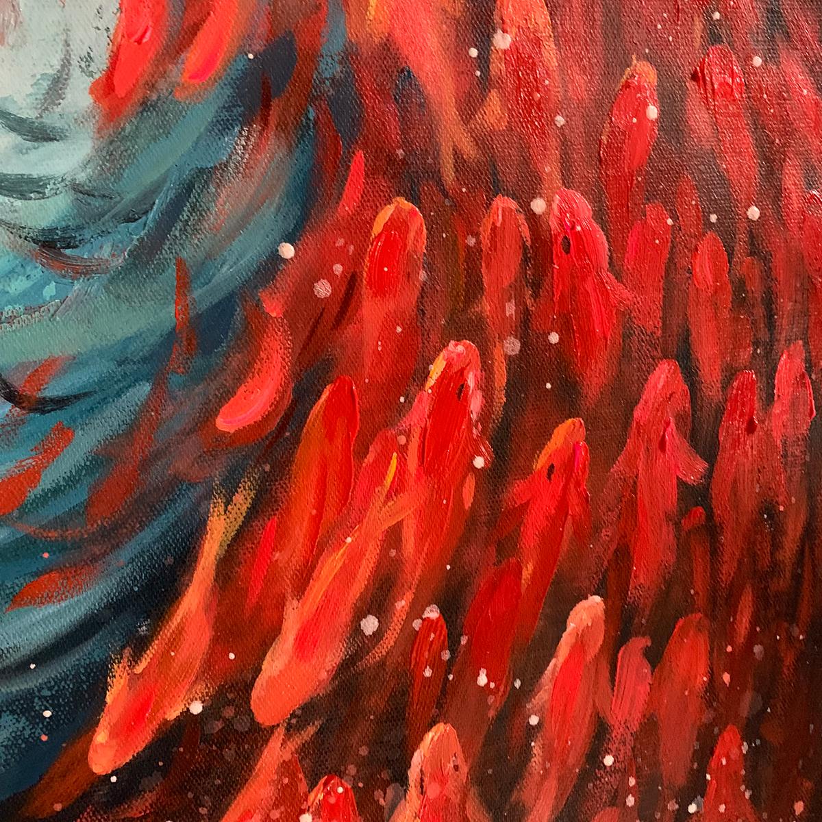 Oceanic Dance hand-painted ocean blue and red textured school of fish painting shown with black frame
