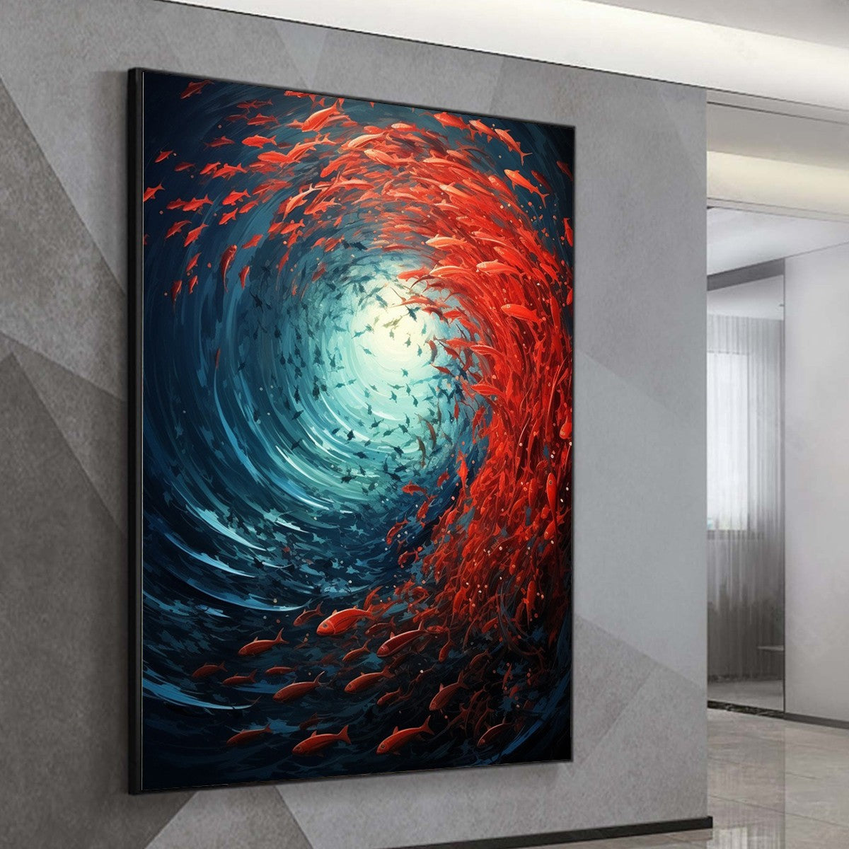 Oceanic Dance hand-painted ocean blue and red textured school of fish painting shown with white frame