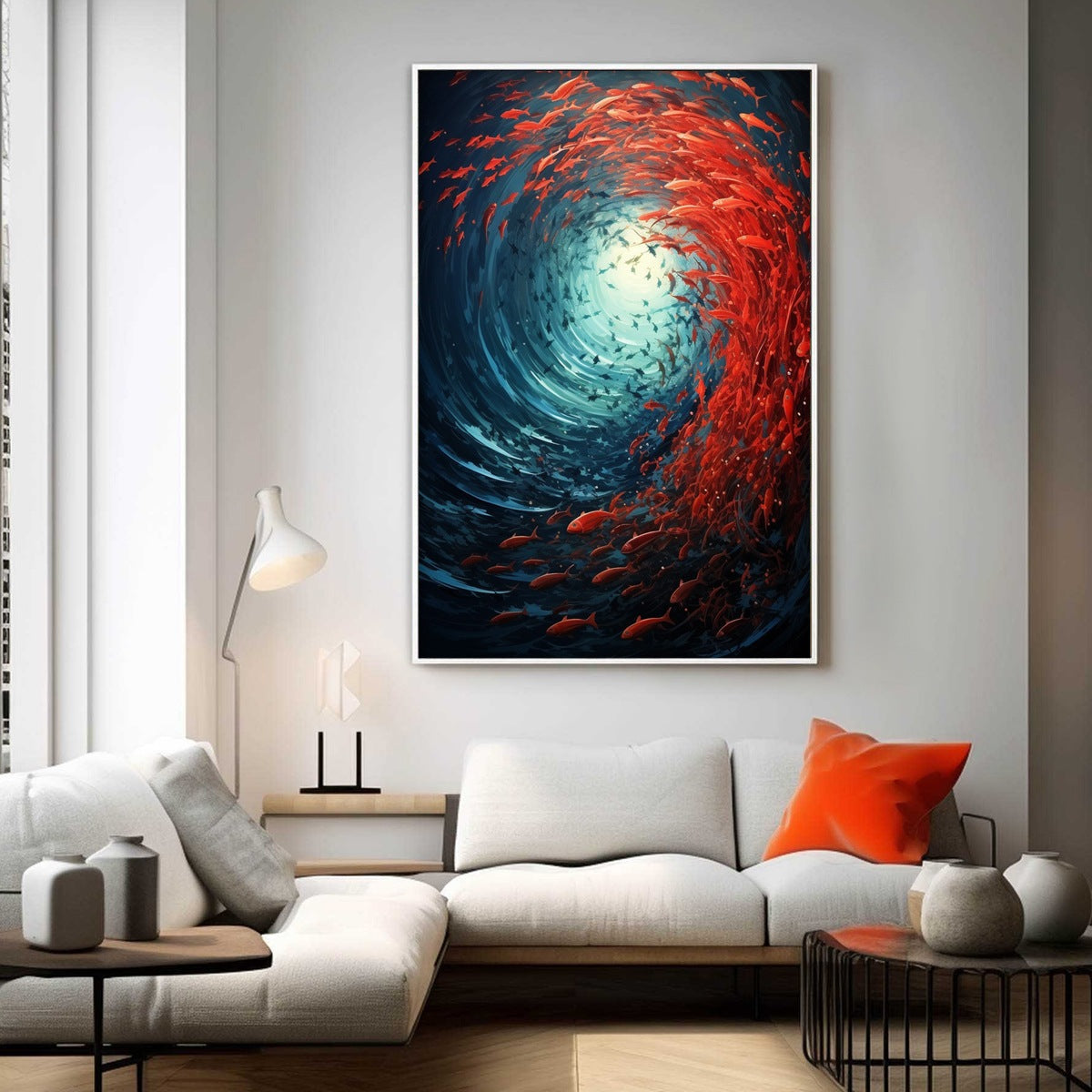 Oceanic Dance hand-painted ocean blue and red textured school of fish painting shown with wood frame