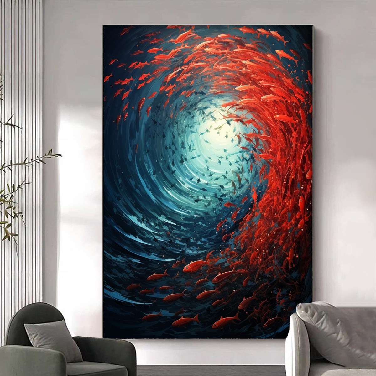 Oceanic Dance hand-painted ocean blue and red textured school of fish painting rolled canvas option