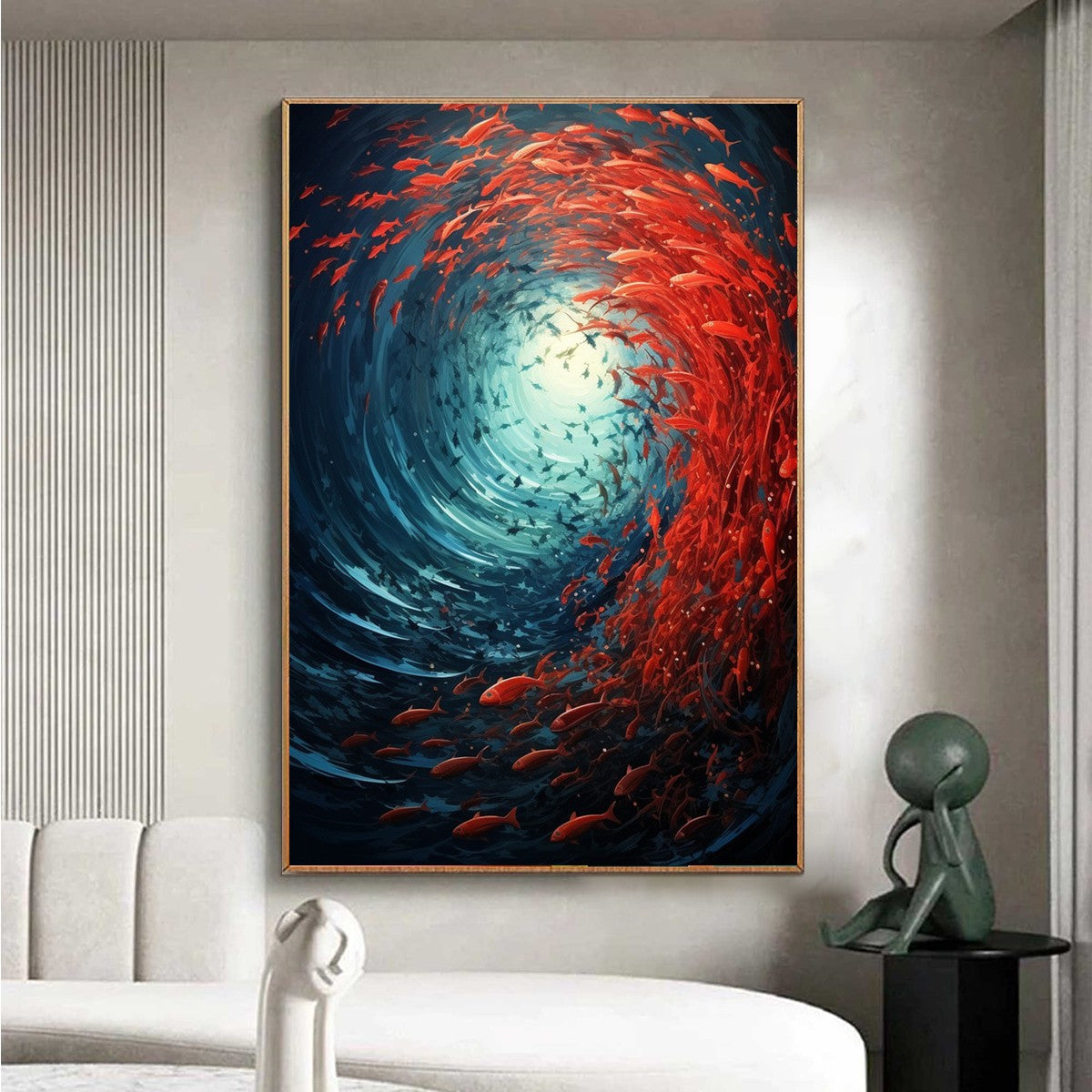 Oceanic Dance hand-painted ocean blue and red textured school of fish painting shown as stretched canvas