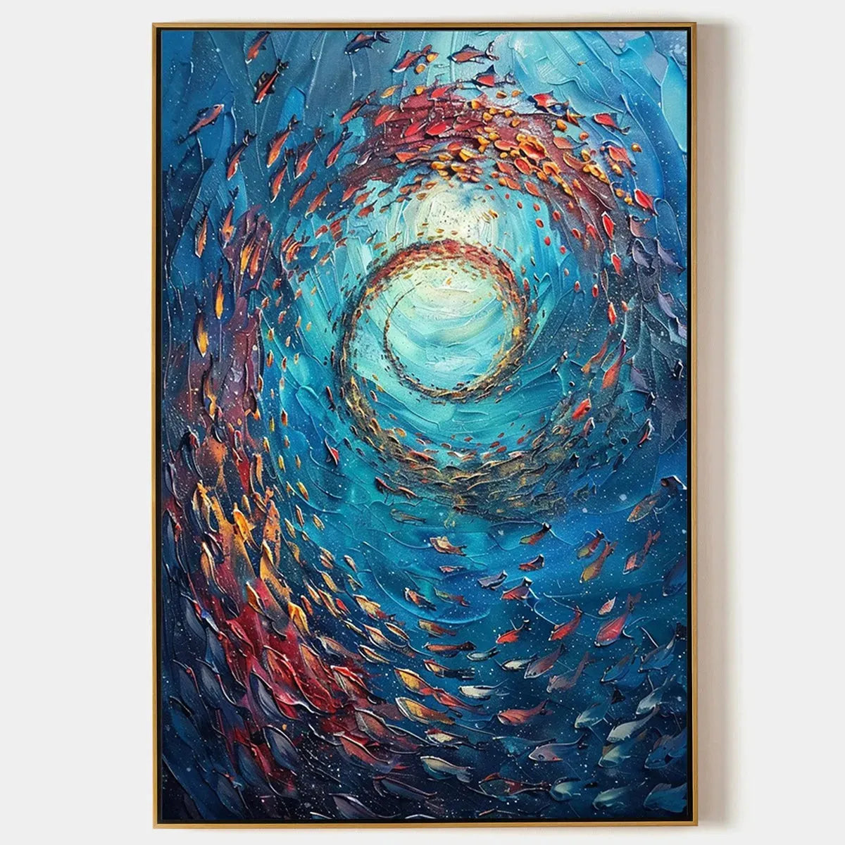 Oceanic Vortex hand-painted ocean blue, ivory and soft neutral tones textured school of fish painting rolled canvas option