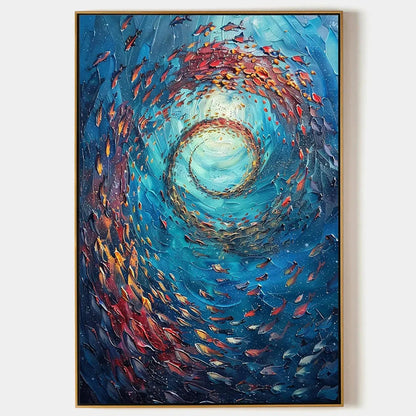 Oceanic Vortex hand-painted ocean blue, ivory and soft neutral tones textured school of fish painting rolled canvas option