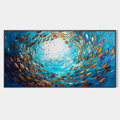 Oceanic Whirl hand-painted ocean blue and ivory textured school of fish painting rolled canvas option