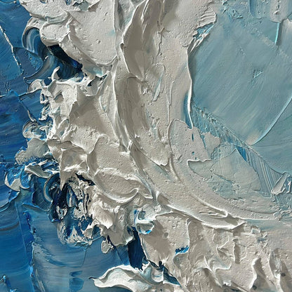 Oceanic Whispers hand-painted ocean blue and ivory textured coastal abstract painting shown with wood frame