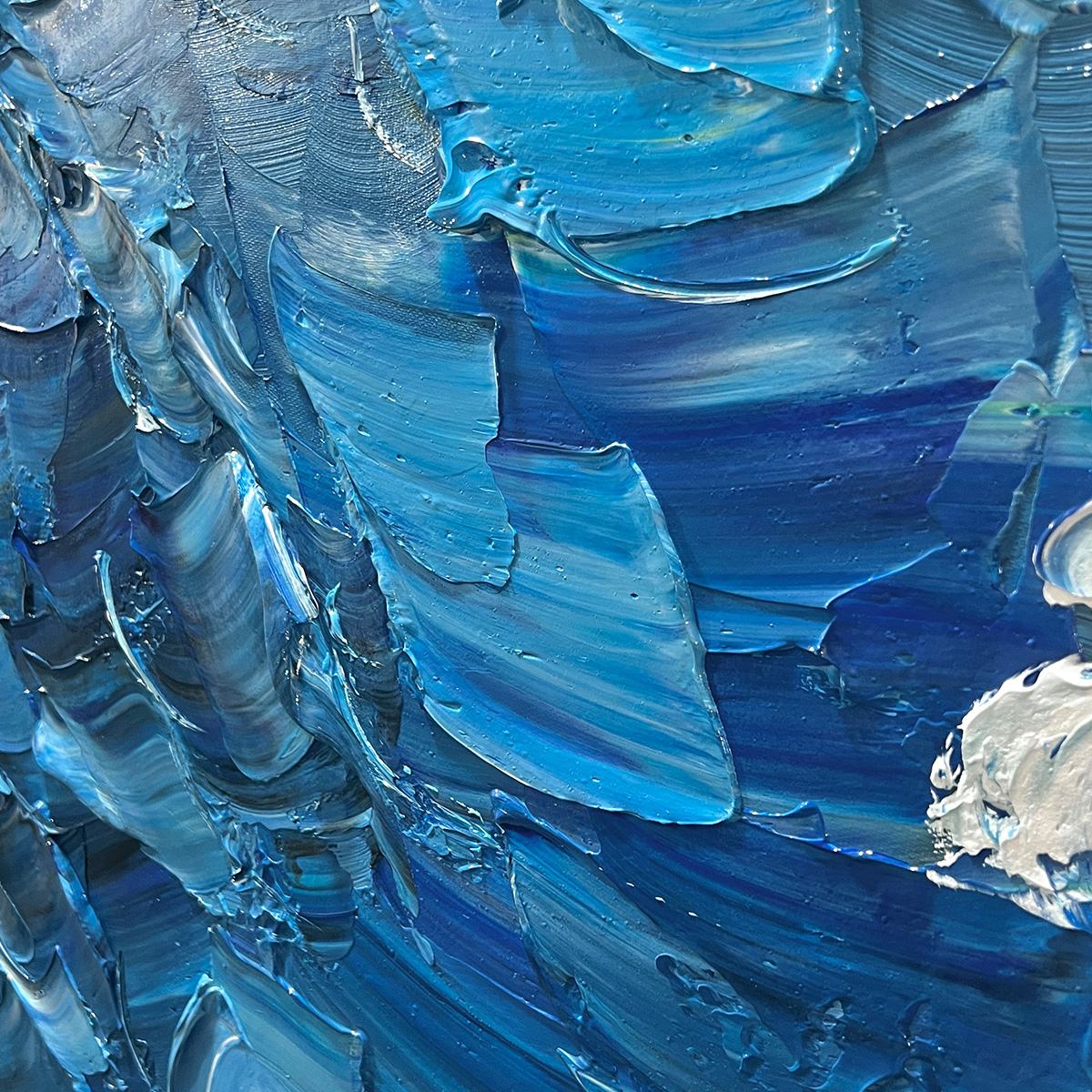Oceanic Whispers hand-painted ocean blue and ivory textured coastal abstract painting shown with silver frame