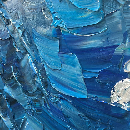 Oceanic Whispers hand-painted ocean blue and ivory textured coastal abstract painting shown with silver frame