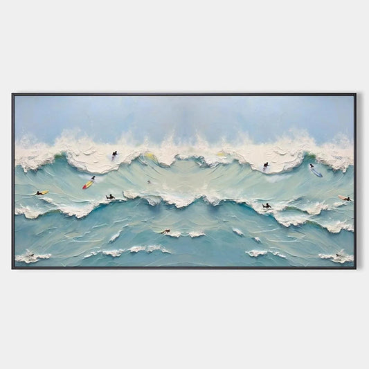 Ocean's Heartbeat hand-painted ocean blue, ivory and soft neutral tones textured surfer ocean painting rolled canvas option