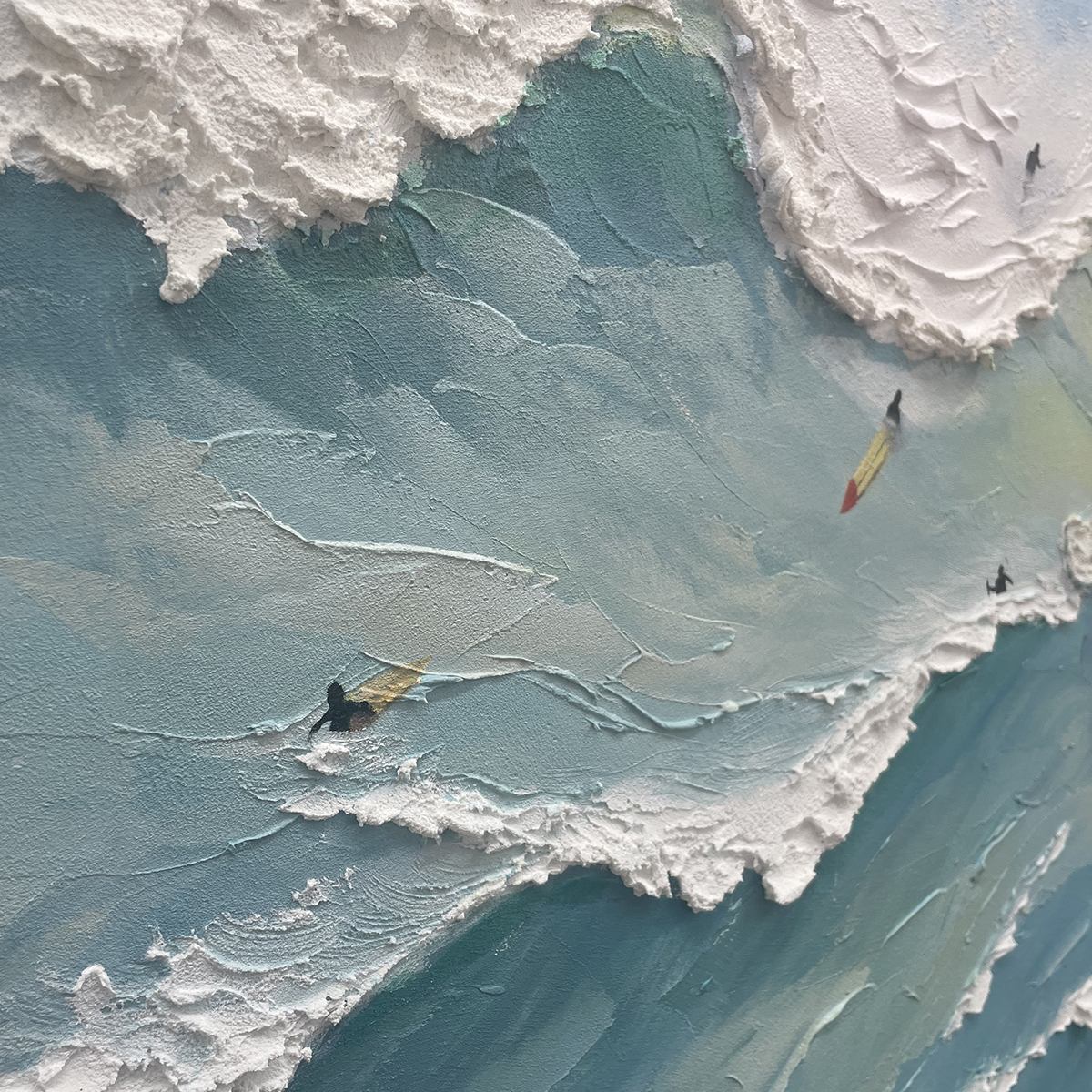 Ocean's Heartbeat hand-painted ocean blue, ivory and soft neutral tones textured surfer ocean painting shown with wood frame