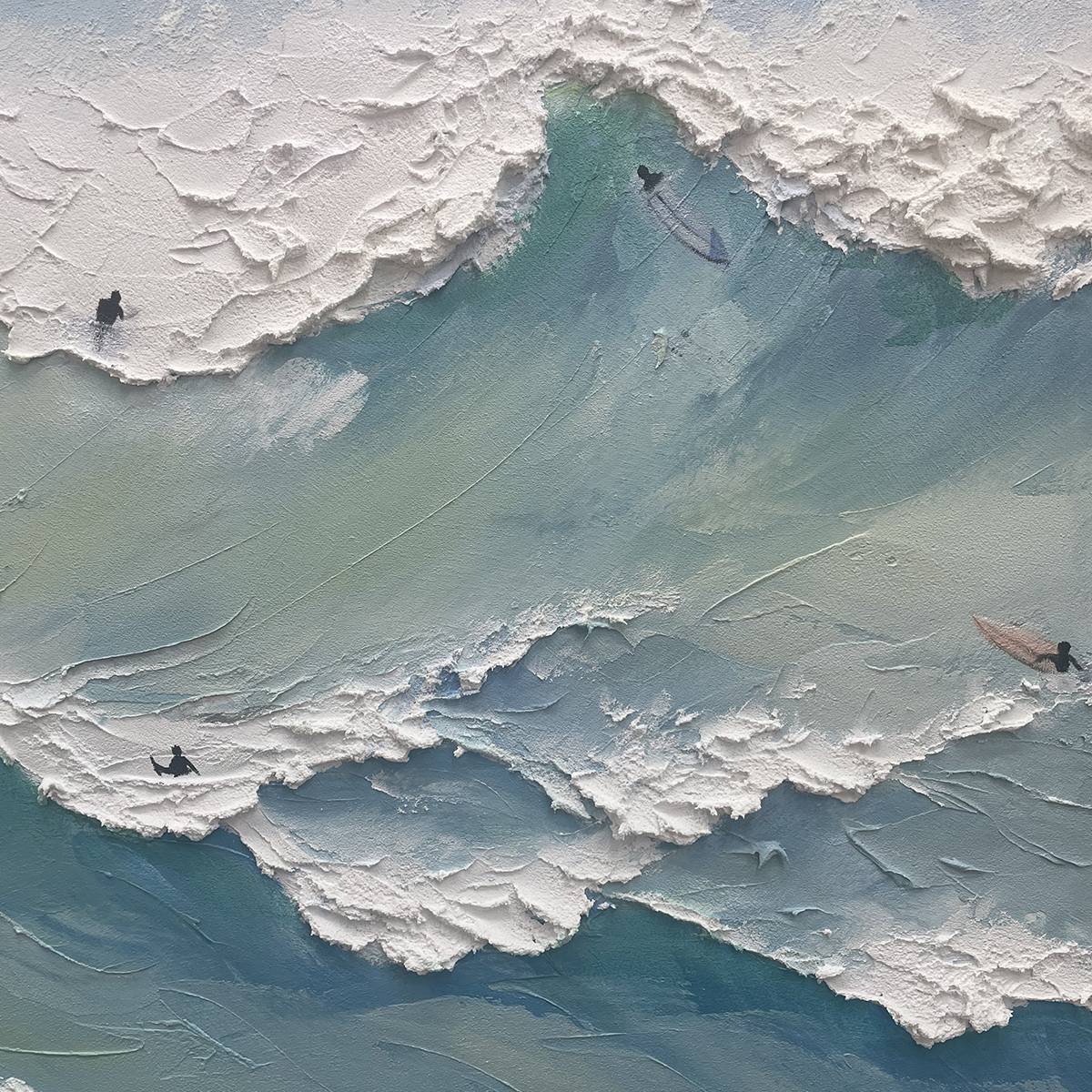 Ocean's Heartbeat hand-painted ocean blue, ivory and soft neutral tones textured surfer ocean painting shown with silver frame