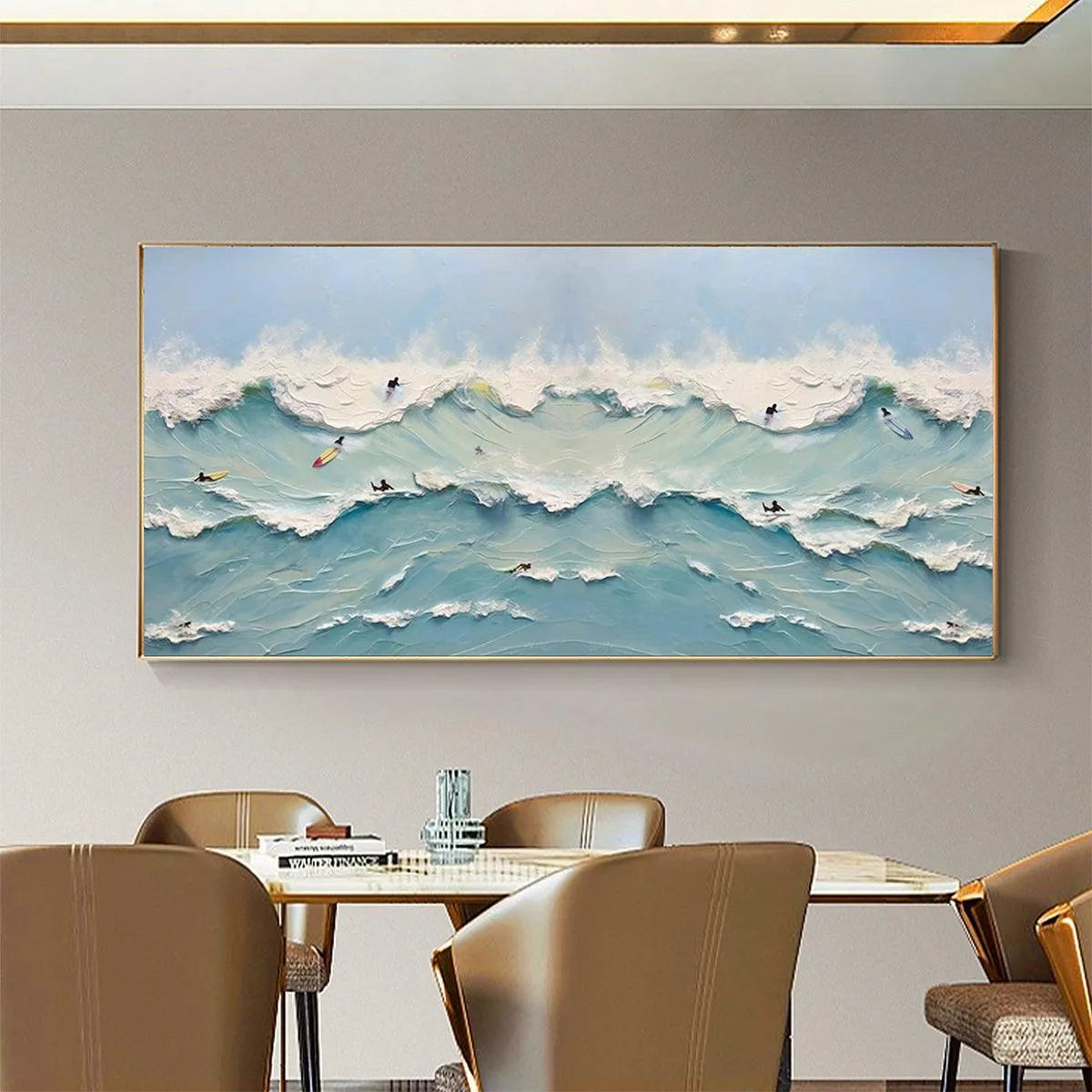 Ocean's Heartbeat hand-painted ocean blue, ivory and soft neutral tones textured surfer ocean painting shown with white frame