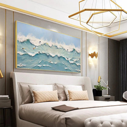 Ocean's Heartbeat hand-painted ocean blue, ivory and soft neutral tones textured surfer ocean painting rolled canvas option