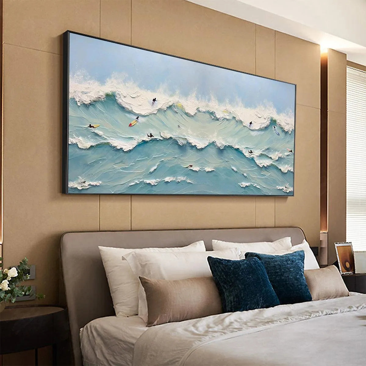 Ocean's Heartbeat hand-painted ocean blue, ivory and soft neutral tones textured surfer ocean painting shown as stretched canvas