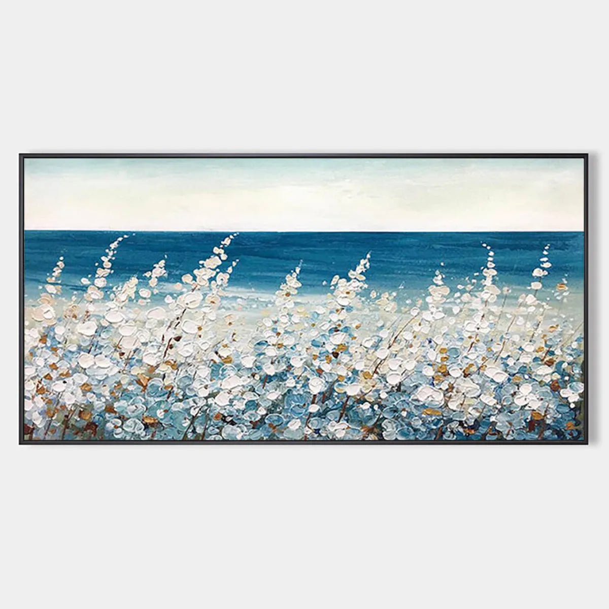 Ocean Breeze hand-painted white and ocean blue textured coastal landscape painting rolled canvas option