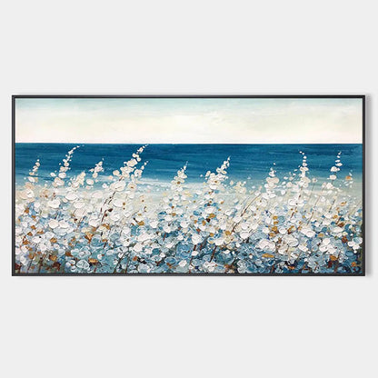 Ocean Breeze hand-painted white and ocean blue textured coastal landscape painting rolled canvas option