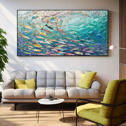 Ocean Currents hand-painted ocean blue, ivory and soft neutral tones textured coastal abstract painting rolled canvas option