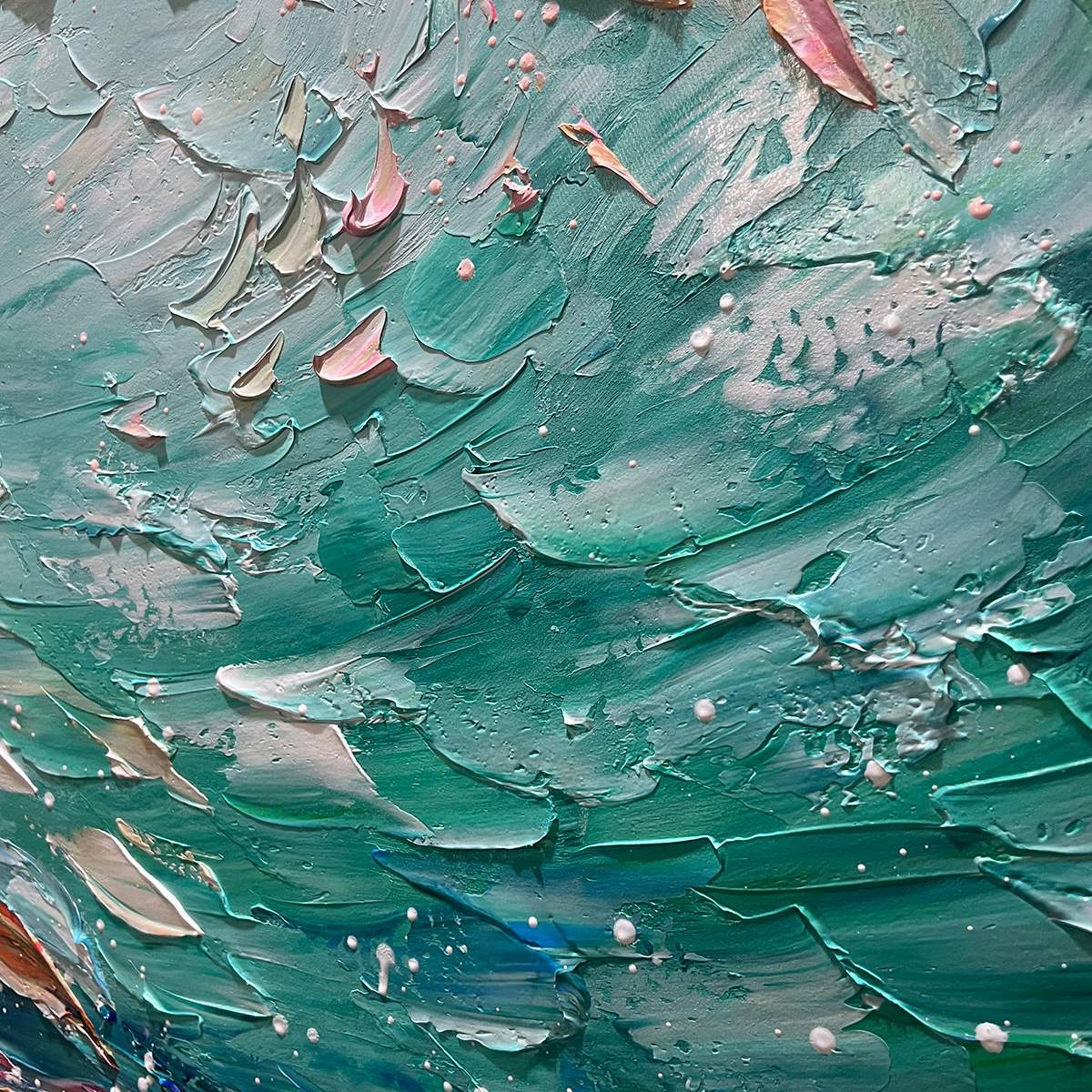 Ocean Currents hand-painted ocean blue, ivory and soft neutral tones textured coastal abstract painting shown as stretched canvas