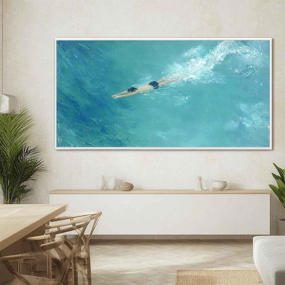 Ocean Dive hand-painted turquoise and teal textured beach scene painting shown with white frame
