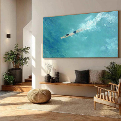 Ocean Dive hand-painted turquoise and teal textured beach scene painting shown with black frame
